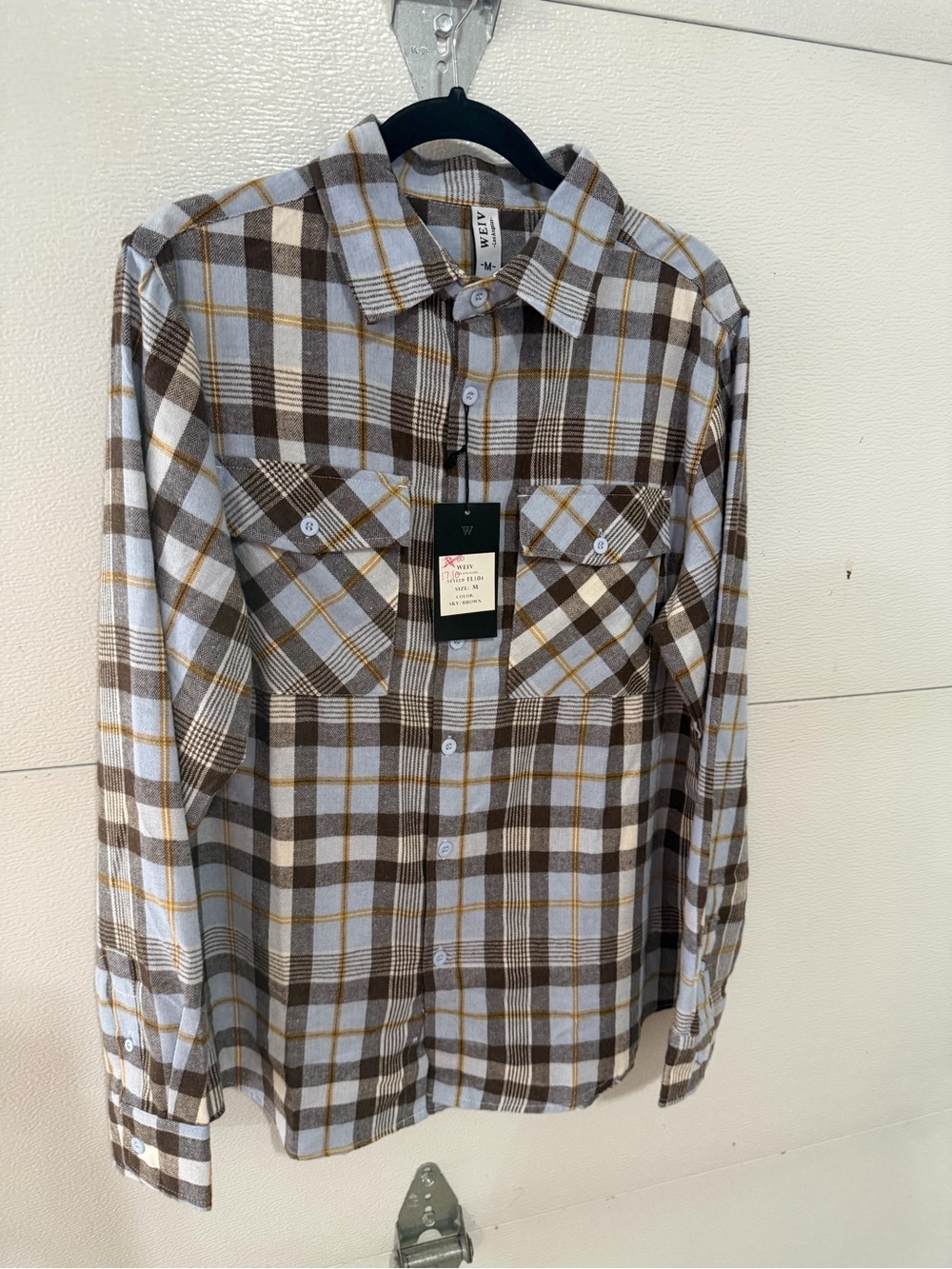 WEN Womens Brown, Light Blue & Gold Plaid Button-Down Shirt